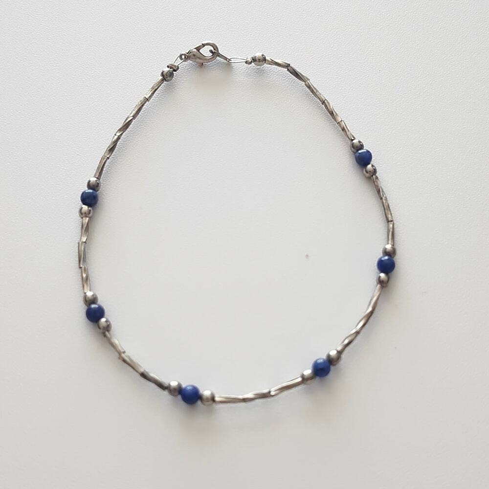 Sodalite Look Blue Glass Silver Tone Twisted Tube Bead Anklet Bracelet 9.5 Clasp